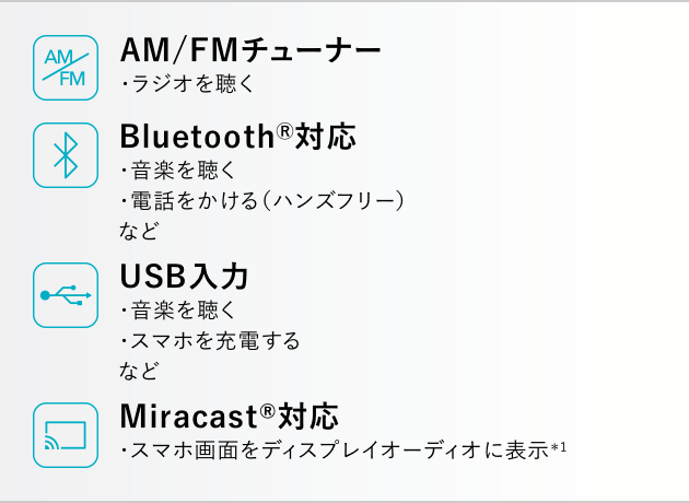 AM/FMチューナー Bluetooth対応 USB入力 Miracast®対応