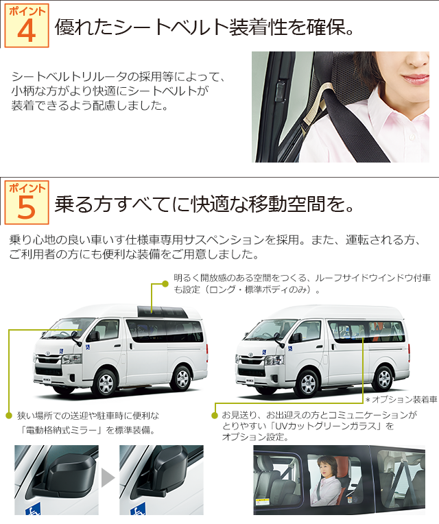 ポイント4：優れたシートベルト装着性を確保。／ポイント5：乗る方すべてに快適な移動空間を。