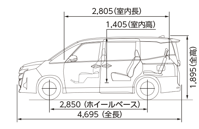 X（2WD・7人乗り）助手席リフトアップチルトシート車（側面図）