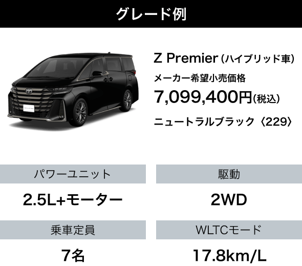 グレード例 Z Premier（ハイブリッド車） メーカー希望小売価格 7,099,400円（税込） ニュートラルブラック〈229〉 パワーユニット：2.5L+モーター 駆動：2WD 乗車定員：7名 WLTCモード：17.8km/L