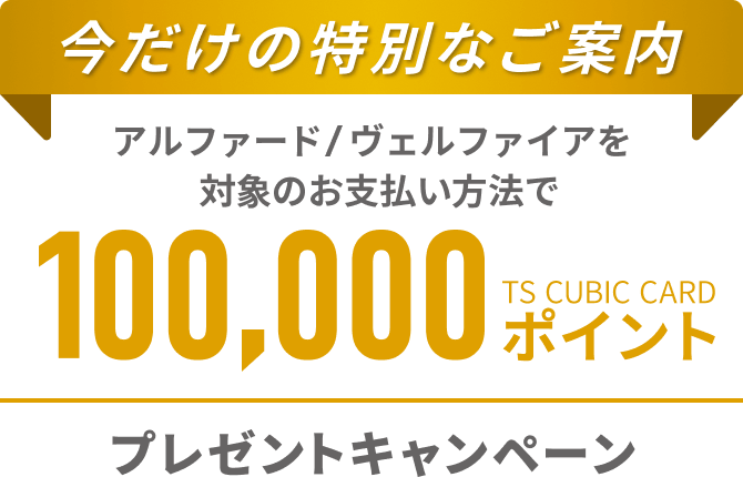 今だけの特別なご案内 アルファード / ヴェルファイアを対象のお支払い方法で100,000 TS CUBIC CARDポイント プレゼントキャンペーン