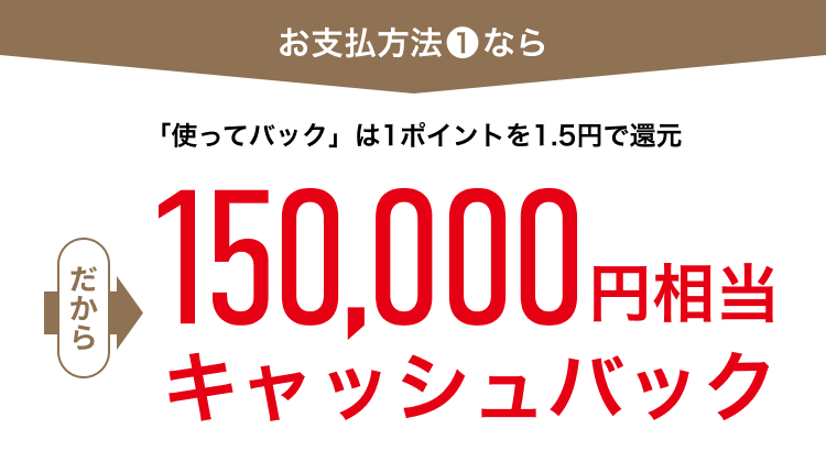 お支払方法❶なら「使ってバック」は1ポイントを1.5円で還元 だから150,000円相当キャッシュバック