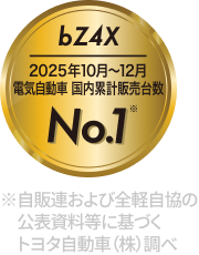 bZ4X 2025年10月～12月 電気自動車 国内販売台数No.1※ ※自販連および全軽自協の公表資料等に基づく トヨタ自動車（株）調べ