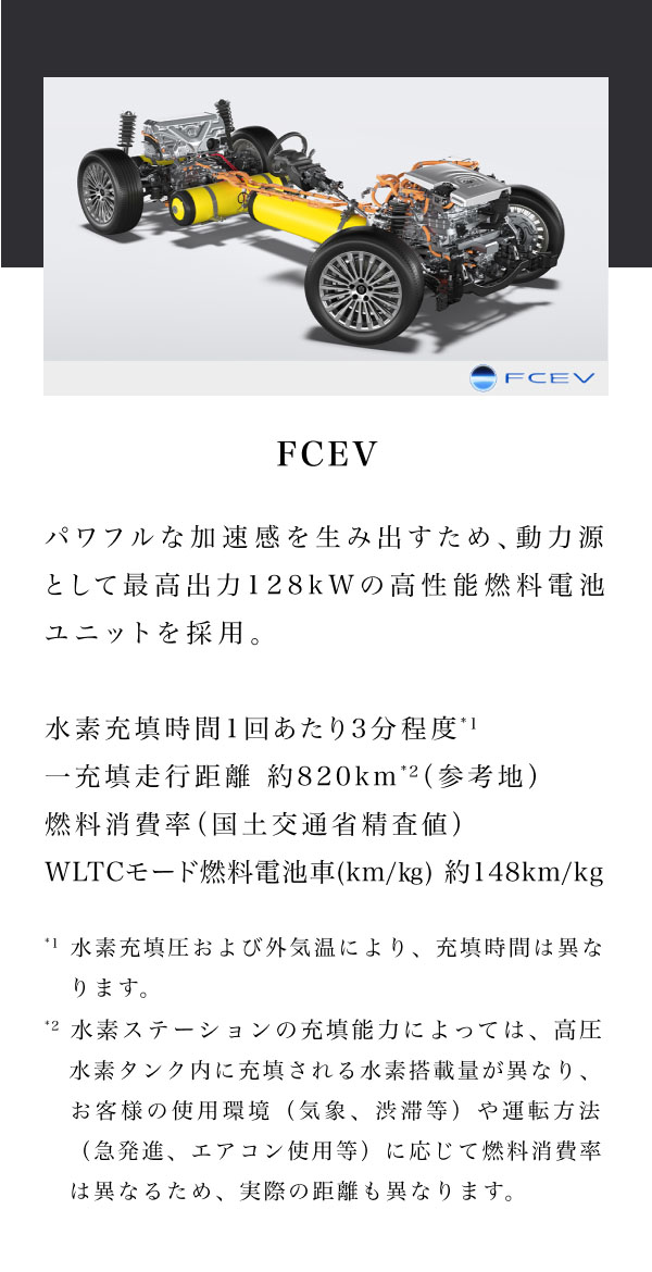 FCEV  パワフルな加速感を生み出すため、動力源として最高出力128kWの高性能燃料電池ユニットを採用。  水素充填時間　1回あたり3分程度*1 一充填走行距離　約820km *2（参考地） 燃料消費率（国土交通省精査値） WLTCモード 燃料電池車（km/㎏） 約148km/kg  *1 水素充填圧および外気温により、充填時間は異なります。  *2 水素ステーションの充填能力によっては、高圧水素タンク内に充填される水素搭載量が異なり、お客様の使用環境（気象、渋滞等）や運転方法（急発進、エアコン使用等）に応じて燃料消費率は異なるため、実際の距離も異なります。