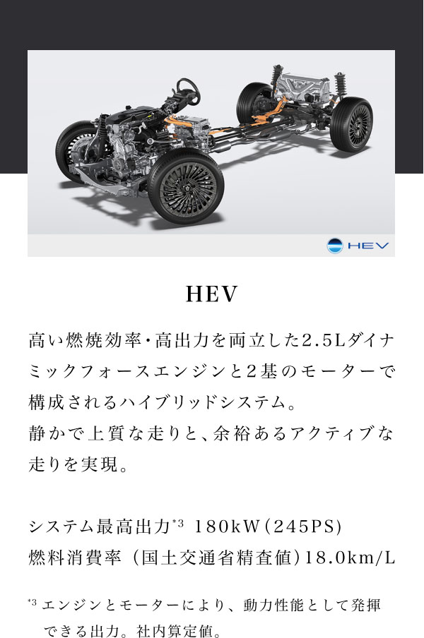 HEV  高い燃焼効率・高出力を両立した2.5Lダイナミックフォースエンジンと2基のモーターで構成されるハイブリッドシステム。静かで上質な走りと、余裕あるアクティブな走りを実現。  システム最高出力*3  180kW（245PS) 燃料消費率 （国土交通省精査値）　18.0km/L  *3エンジンとモーターにより、動力性能として発揮できる出力。社内算定値。