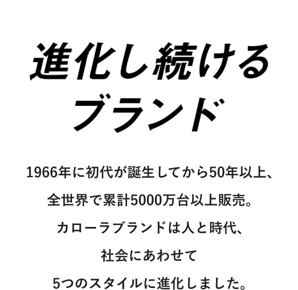 進化し続けるブランド  1966年に初代が誕生してから50年以上、全世界で累計5000万台以上販売。カローラブランドは人と時代、社会にあわせて5つのスタイルに進化しました。