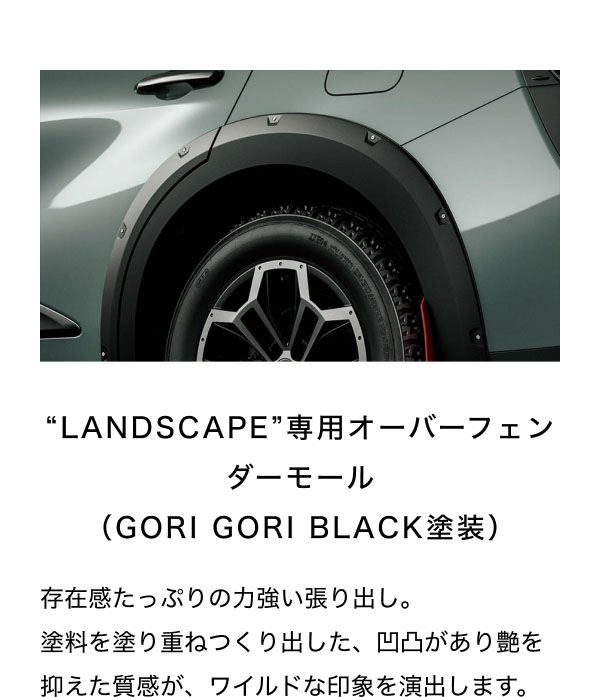 “LANDSCAPE”専用オーバーフェンダーモール （GORI GORI BLACK塗装）  存在感たっぷりの力強い張り出し。 塗料を塗り重ねつくり出した、凹凸があり艶を抑えた質感が、ワイルドな印象を演出します。