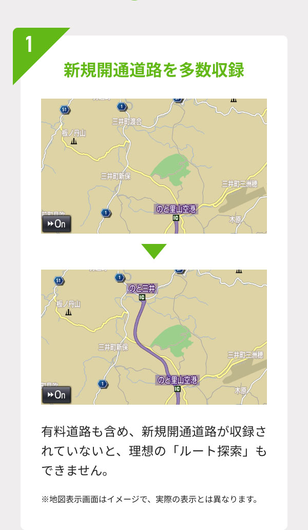 1.新規開通道路を多数収録  有料道路も含め、新規開通道路が収録されていないと、理想の「ルート探索」もできません。 ※地図表示画面はイメージで、実際の表示とは異なります。