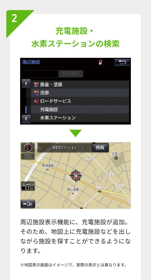 2.充電施設・水素ステーションの検索  周辺施設表示機能に、充電施設が追加。そのため、地図上に充電施設などを出しながら施設を探すことができるようになります。 ※地図表示画面はイメージで、実際の表示とは異なります。