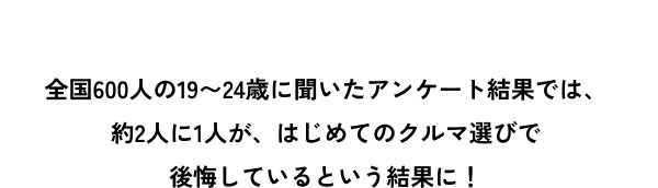 全国600人の19〜24歳に聞いたアンケート結果では、 約2人に1人が、はじめてのクルマ選びで 後悔しているという結果に！