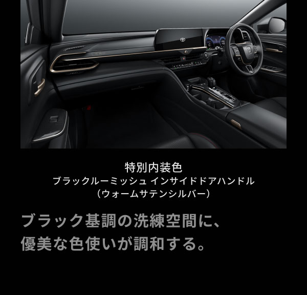 特別内装色 ブラックルーミッシュ インサイドドアハンドル （ウォームサテンシルバー）  ブラック基調の洗練空間に、 優美な色使いが調和する。