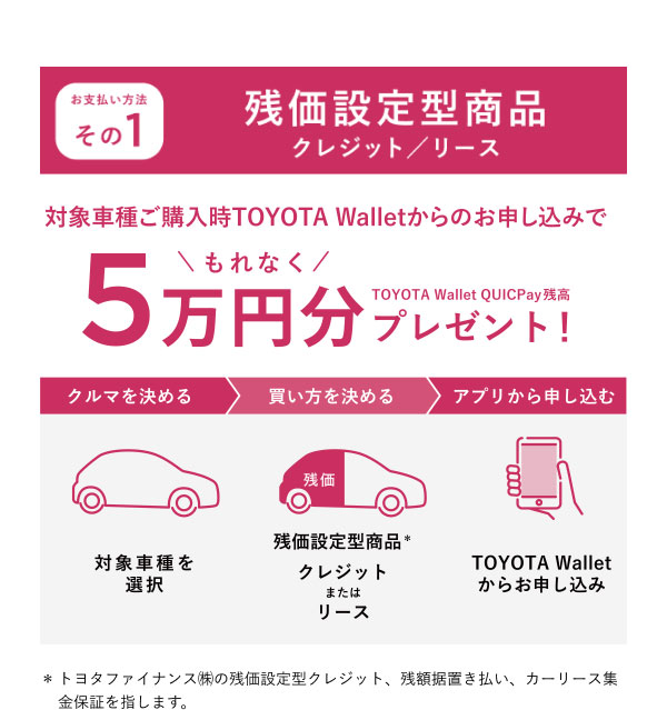 お支払方法その1 残価設定型商品 クレジット/リース  対象車種ご購入時TOYOTA Walletからのお申し込みで もれなくTOYOTA Wallet QUICPay残高5万円分プレゼント！  対象車種を選択 ↓ 残価設定型商品＊クレジットまたはリース ↓ TOYOTA Walletからお申し込み  ＊トヨタファイナンス(株)の残価設定型クレジット、残額据置き払い、カーリース集金保証を指します。