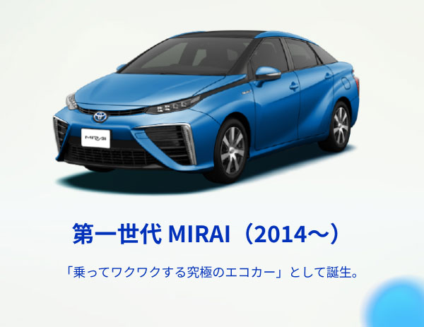 [画像] 第一世代 MIRAI（2014〜） 「乗ってワクワクする究極のエコカー」として誕生。