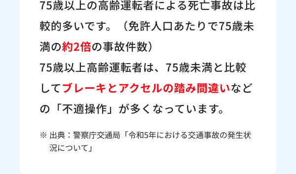 75歳以上の高齢運転者による死亡事故は比較的多いです。（免許人口あたりで75歳未満の約2倍の事故件数） 75歳以上高齢運転者は、75歳未満と比較してブレーキとアクセルの踏み間違いなどの「不適操作」が多くなっています。 ※出典：警察庁交通局「令和5年における交通事故の発生状況について」  