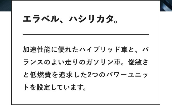 エラベル、ハシリカタ。 加速性能に優れたハイブリッド車と、バランスのよい走りのガソリン車。俊敏さと低燃費を追求した2つのパワーユニットを設定しています。