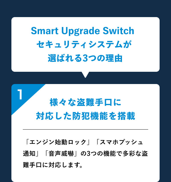 Smart Upgrade Switch セキュリティシステムが選ばれる3つの理由 1.様々な盗難手口に対応した防犯機能を搭載 「エンジン始動ロック」「スマホプッシュ通知」「音声威嚇」の3つの機能で多彩な盗難手口に対応します。