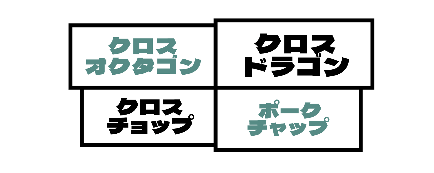 クロスオクタゴン/クロスドラゴン/クロスチョップ/ポークチャップ