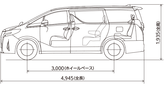 X“サイドリフトアップチルトシート装着車”（2WD）　寸法図（側面図）