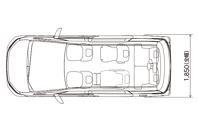 G（ガソリン・2WD・7人乗り）サイドリフトアップチルトシート装着車　寸法図（平面図）