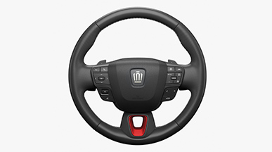 ステアリングスイッチ周辺(ブラック)、スポーク(レッド)、ステッチ(レッド/かがり縫い)+ディンプル加工+パドルシフト