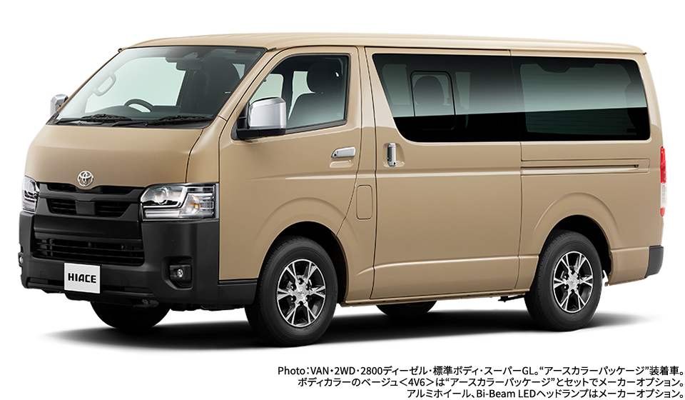 Photo：VAN・2WD･2800ディーゼル･標準ボディ･スーパーGL。“アースカラーパッケージ”装着車。ボディカラーのベージュ＜4V6＞は“アースカラーパッケージ”とセットでメーカーオプション。アルミホイール、Bi-Beam LEDヘッドランプはメーカーオプション。