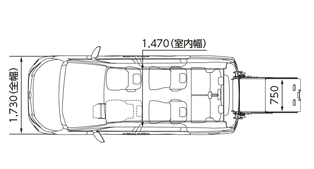 ノアX（2WD・7人乗り）車いす仕様車“タイプ2（サードシート付）”＋助手席リフトアップチルトシート（平面図）