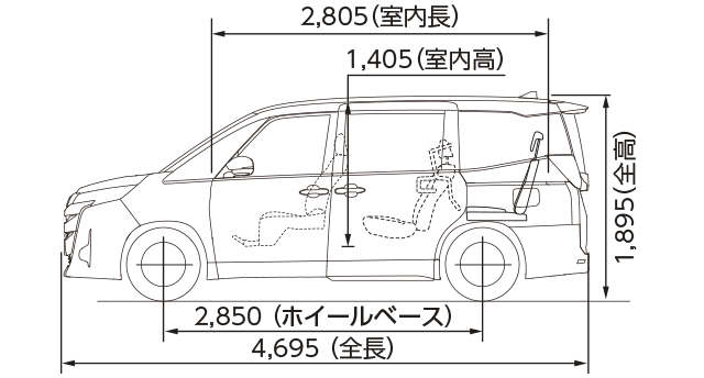 X（2WD・7人乗り）ウェルジョイン＋助手席リフトアップチルトシート（側面図）