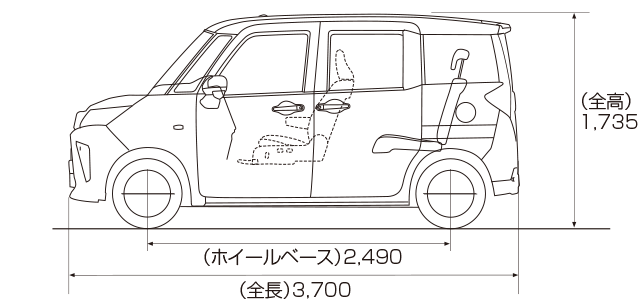 X（2WD）助手席リフトアップシート車“Aタイプ”（側面図）