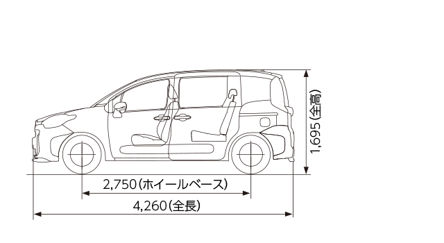 G（ガソリン・2WD）フレンドマチック取付用専用車 寸法図（側面図）