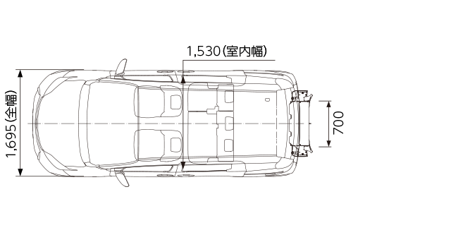 X（ガソリン・2WD） 車いす仕様車“タイプⅢ（助手席側セカンドシート付）”寸法図（平面図）