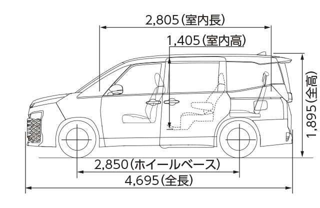 S-G（2WD・7人乗り）サイドリフトアップチルトシート装着車（側面図）