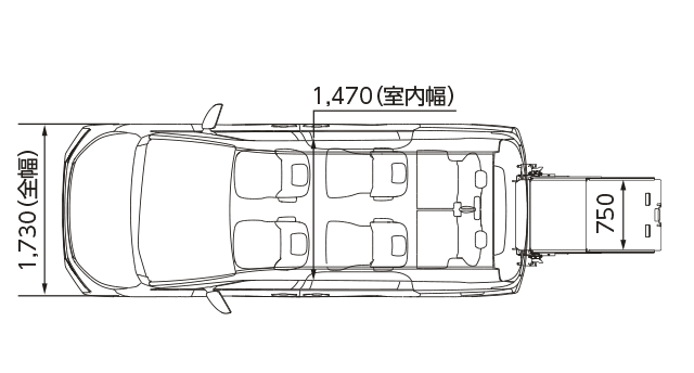 ヴォクシーS-G（2WD・7人乗り）車いす仕様車“タイプ2（サードシート付）” 寸法図（平面図）