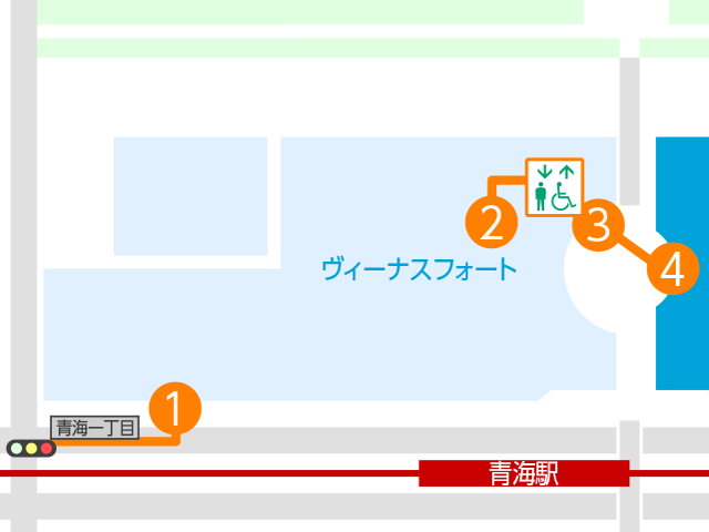 トヨタハートフルプラザ東京 車いすアクセスマップ（タイムズヴィーナスフォートパーキング方面から）