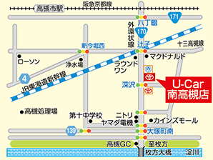 トヨタカローラ新大阪 Ｕ－Ｃａｒ南高槻店の地図