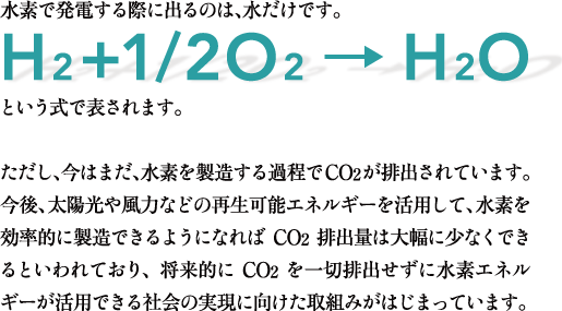 水素で発電する際に出るのは、水だけです。「H2 + 1 / 2O2 → H2O」という式で表されます。ただし、今はまだ、水素を製造する過程でCO2が排出されています。今後、太陽光や風力などの再生可能エネルギーを活用して、水素を効率的に製造できるようになればCO2排出量は大幅に少なくできるといわれており、将来的にはCO2を一切排出せずに水素エネルギーが活用できる社会の実現に向けた取組みがはじまっています。